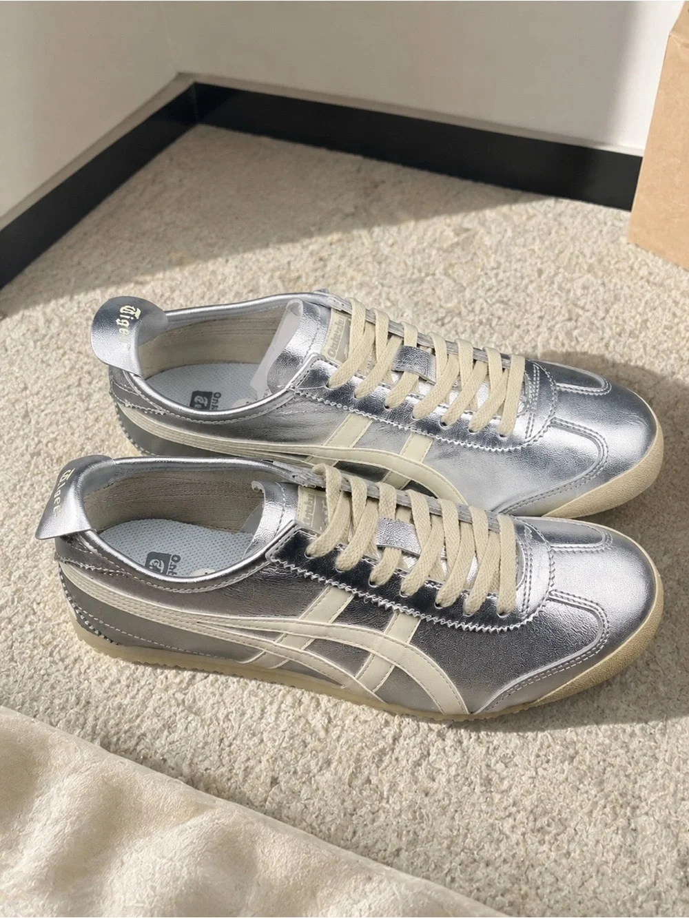 Onitsuka Tiger by Asics Women’s Silver Sneakers with Cream Stripes
